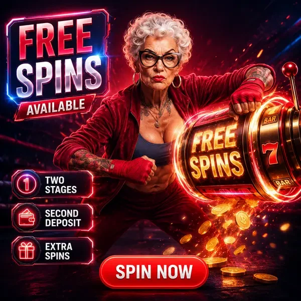 Powerful woman spinning for free spins at SpinGranny slot machine with glowing reels