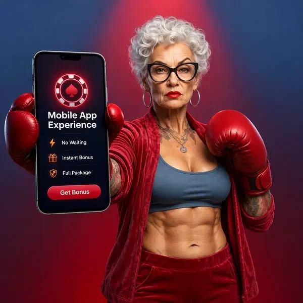 Elderly boxer confidently displaying SpinGranny mobile app with welcome interface glowing on screen