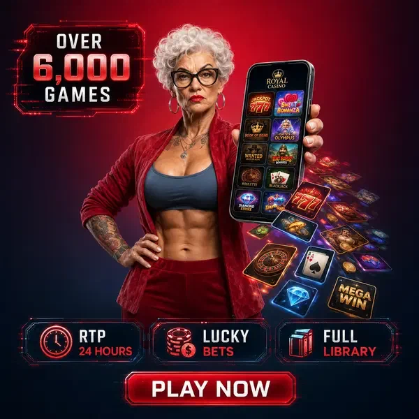 Powerful woman presenting Spingranny mobile app with 6,000+ games spilling from screen