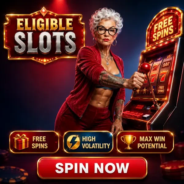 Powerfully built woman pulling slot machine lever for free spins at Eligible Slots